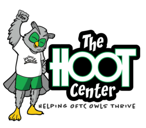 OFTC Mascot Ollie the owl raises a fist beside the text The HOOT Center and Helping OFTC Owls Thrive. 
