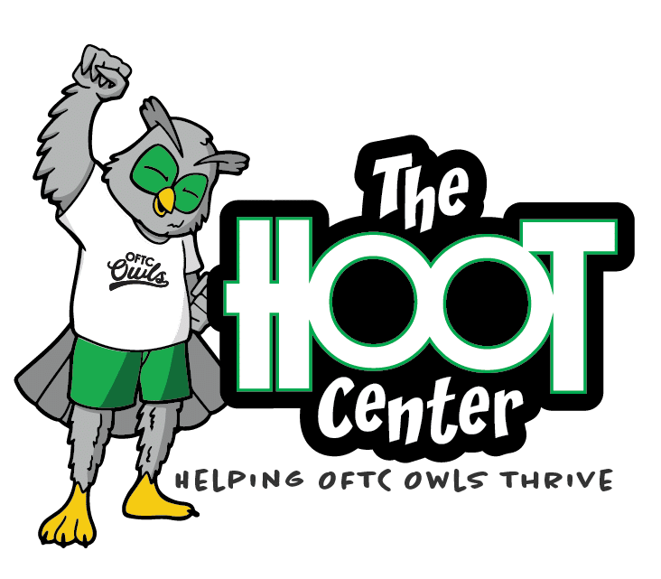 OFTC Mascot Ollie the owl raises a fist beside the text The HOOT Center and Helping OFTC Owls Thrive.