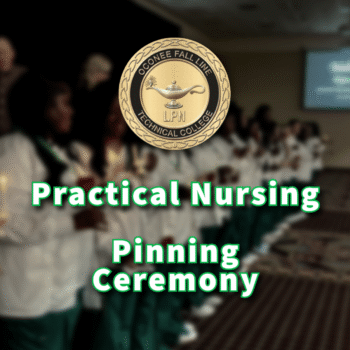 A group of nursing students in white coats hold candles at a pinning ceremony. The Oconee Fall Line Technical College LPN logo is centered, with the text Practical Nursing Pinning Ceremony overlaid.