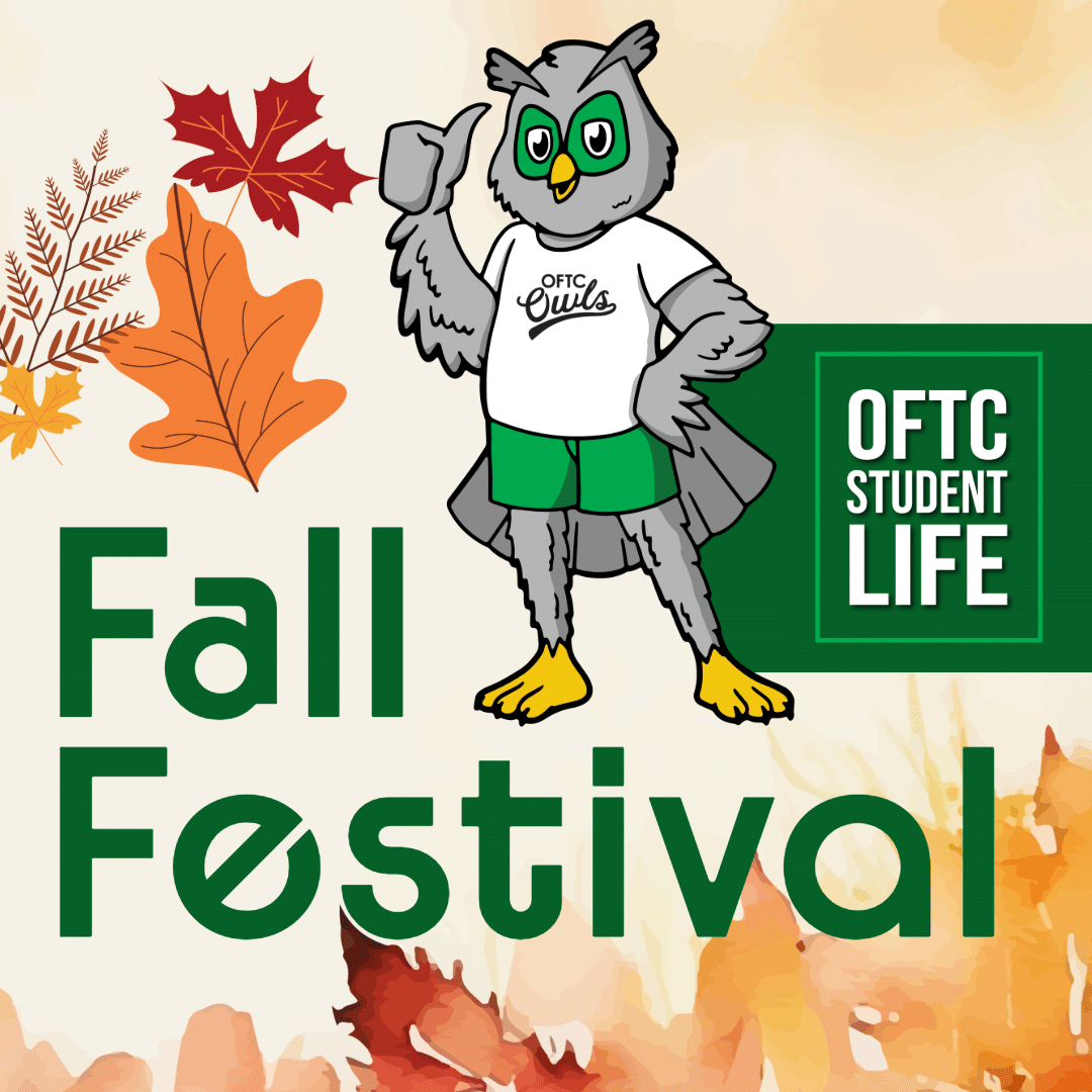 An illustrated owl mascot in a white OFTC Owls shirt and green shorts stands by Fall Festival text, with autumn leaves and an OFTC Student Life sign in the background.