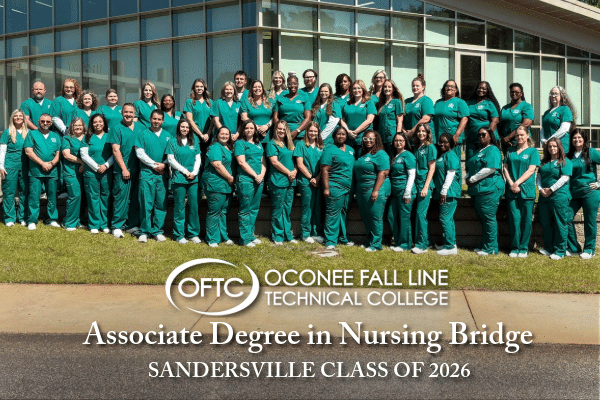 A group of nursing students in green scrubs pose outside a building. Text reads: Oconee Fall Line Technical College, Associate Degree in Nursing Bridge, Sandersville Class of 2026.