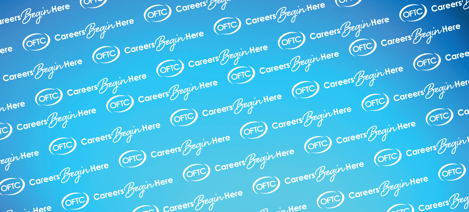 Repeating white logos and text on a blue gradient background say OTC, Careers Begin Here, and OTC inside a circle, arranged diagonally in a pattern.