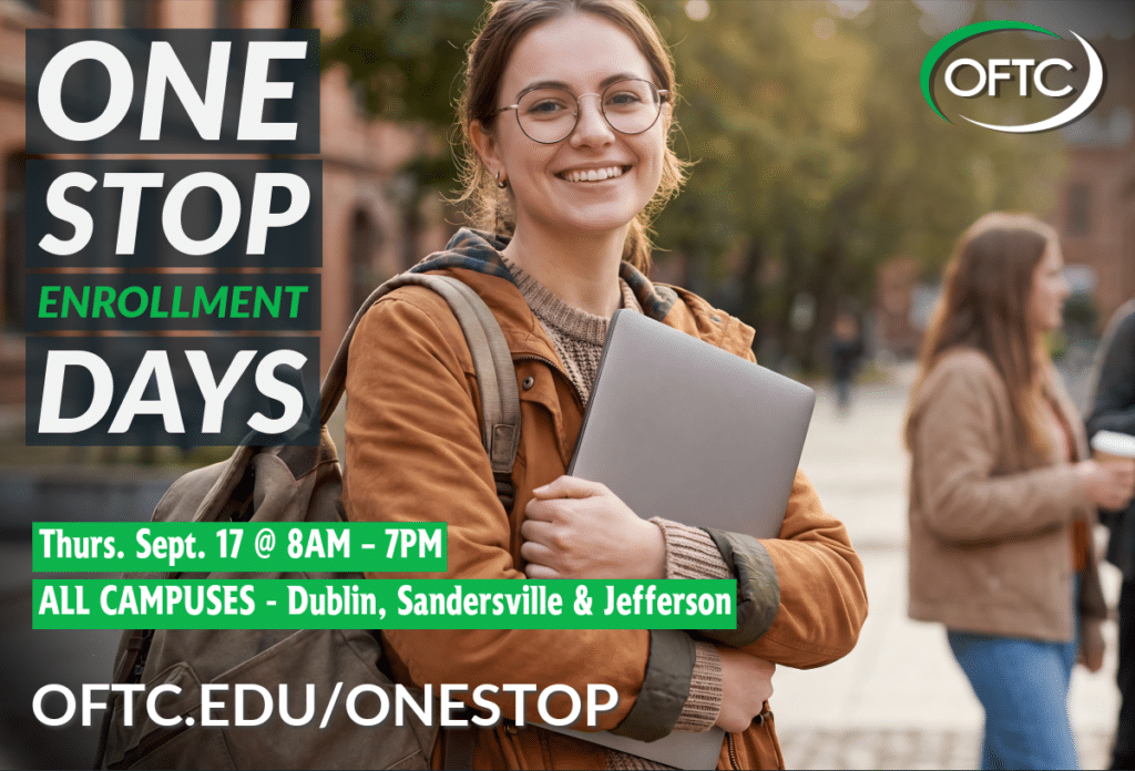Smiling student with glasses holds a laptop outdoors. Text promotes OFTC One Stop Enrollment Days on Sept. 17, 8AM-7PM, at all campuses: Dublin, Sandersville, Jefferson. Website: OFTC.edu/onestop. OFTC logo at top right.