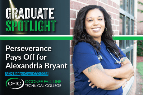 A woman in blue scrubs stands smiling with arms crossed. Text reads: Graduate Spotlight: Perseverance Pays Off for Alexandria Bryant, ADN Bridge Grad, C/O 2026, OFTC Oconee Fall Line Technical College.