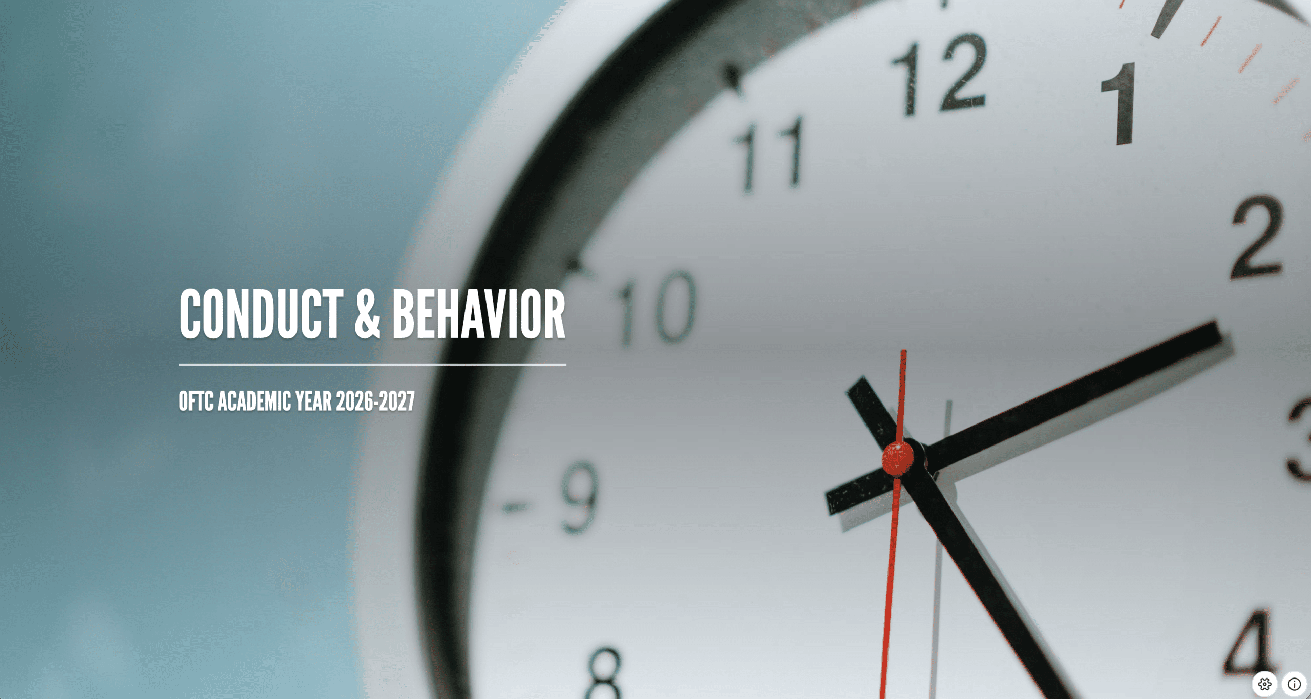 A close-up of a clock with Conduct & Behavior and OFTC Academic Year 2026-2027 text overlayed. The clock shows the time as approximately 1:13.