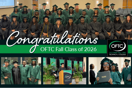 Collage of OFTC Fall Class of 2026 graduates in caps and gowns, group and individual shots, students holding diplomas, and a speaker at the podium, with Congratulations written across the center.