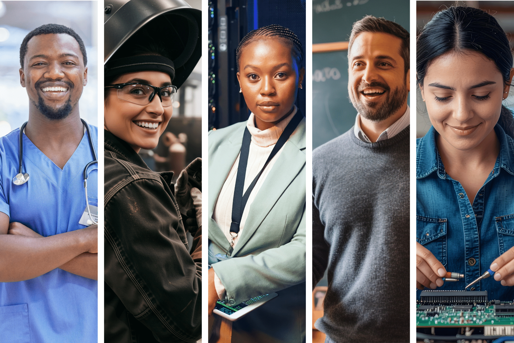 Five individuals from diverse backgrounds appear in vertical segments, each illustrating a different profession: healthcare, skilled trades, technology, education, and engineering.