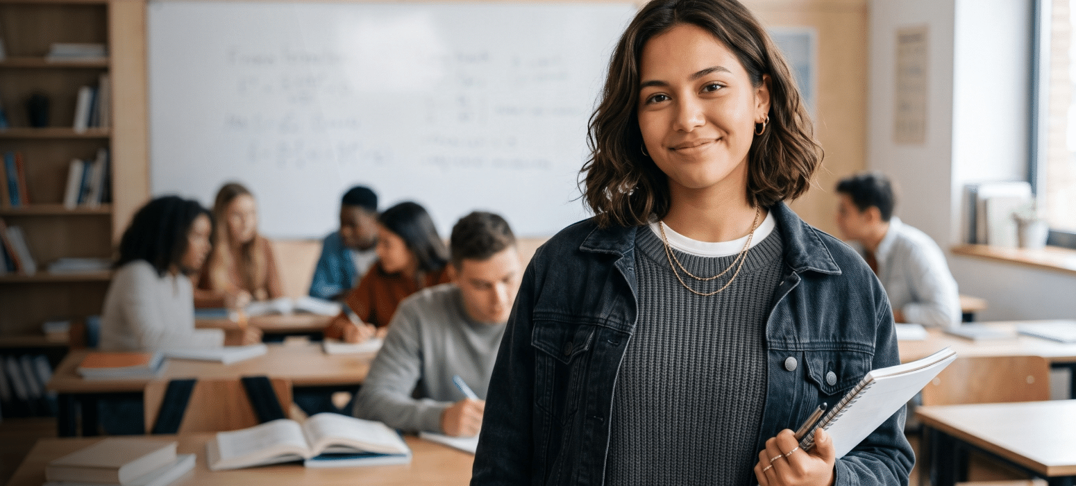 A student holding a notebook smiles at the camera in a classroom as other students collaborate at desks in the background.