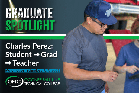 A man wearing a blue cap and shirt assists a student in a workshop setting. On-screen text features Charles Perez, an OFTC graduate from the class of 2021 who is now an Automotive Technology instructor.